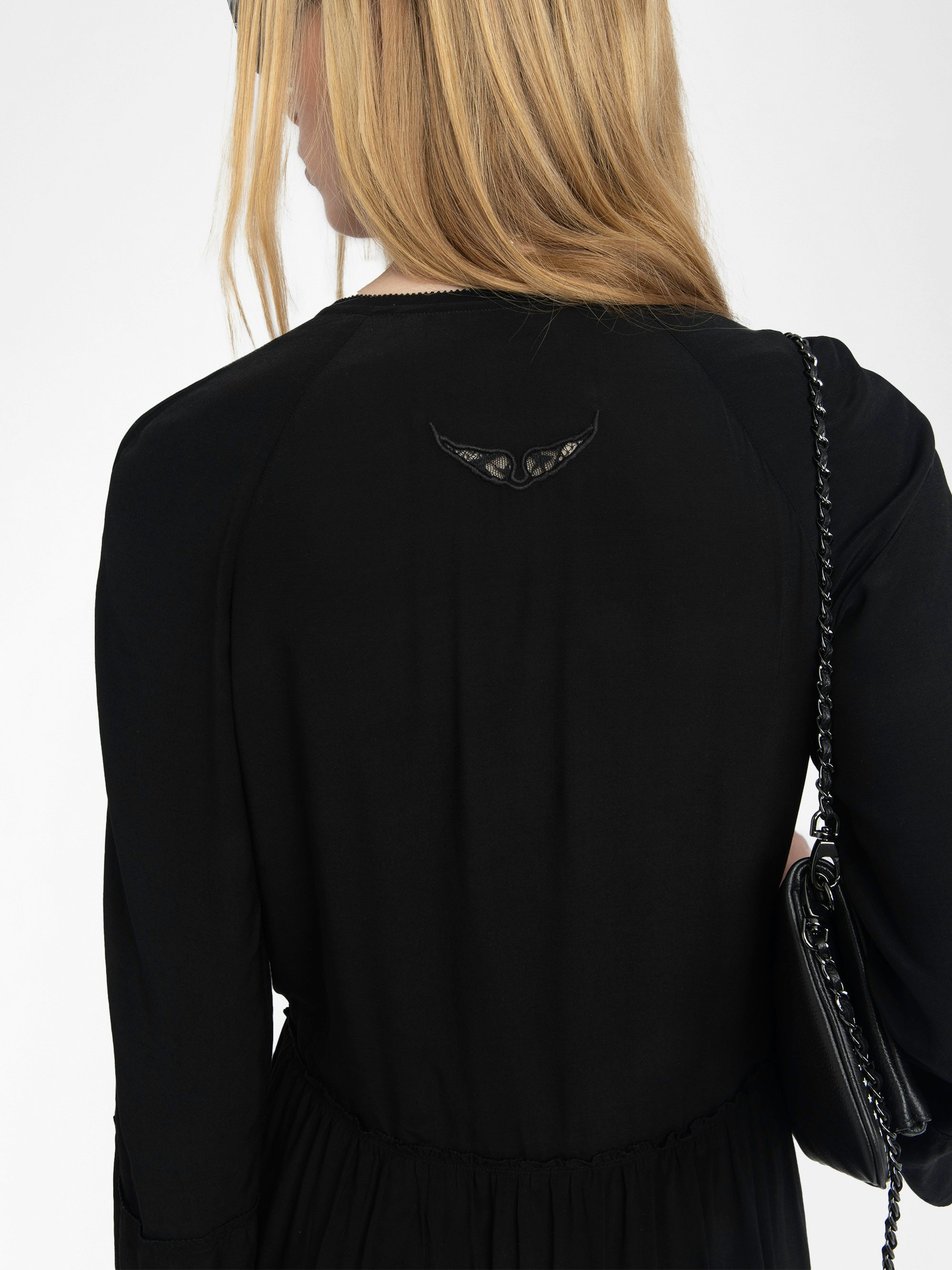 Abito Rinas - Abito midi in viscosa tinta unita, maniche lunghe, scollo profondo con chiusura a lacci.